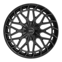 GLOSS BLACK BOLT ON COVER CAP WITH BLACK EMBLEM AND BRUSHED "MOTIV" LOGO FOR MOTIV 442 - Black Patch Performance - MOTICAPMC3B24