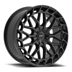GLOSS BLACK BOLT ON COVER CAP WITH BLACK EMBLEM AND BRUSHED "MOTIV" LOGO FOR MOTIV 442 - Black Patch Performance - MOTICAPMC3B24